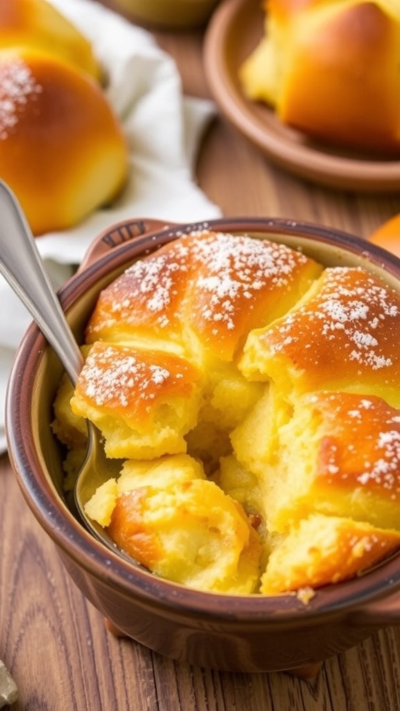 A bowl of Hawaiian roll bread pudding dusted with powdered sugar, served with a fork, on a rustic table.
